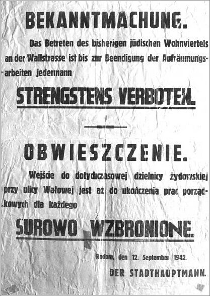 An announcement to the residents of Radom after the liquidation of the ghetto there.